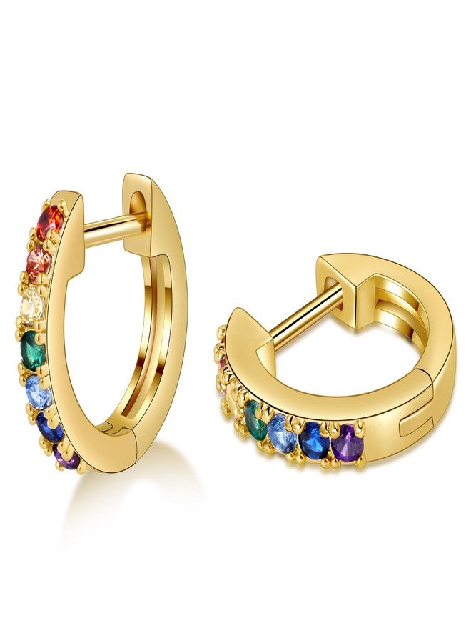 Gacimy Gold Huggie Earrings for Women - 14K Real Gold Plated with Rainbow Cubic Zirconia, 1/2 Inch Small Hoop Earrings for Cartilage Cuffs - Image 1